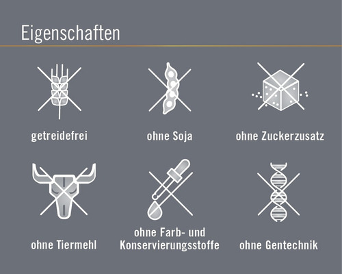 Produktmerkmale: getreidefrei, ohne Soja, ohne Zuckerzusatz, ohne Tiermehl, ohne Farb- und Konservierungsstoffe, ohne Gentechnik
