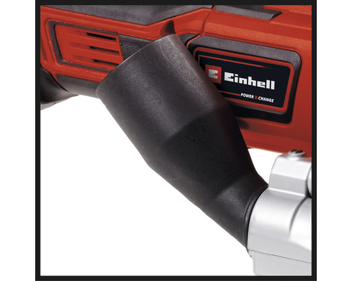 Detailaufnahme einer Einhell Werkzeugmaschine mit Staubabsaugung und Einhell Logo.
