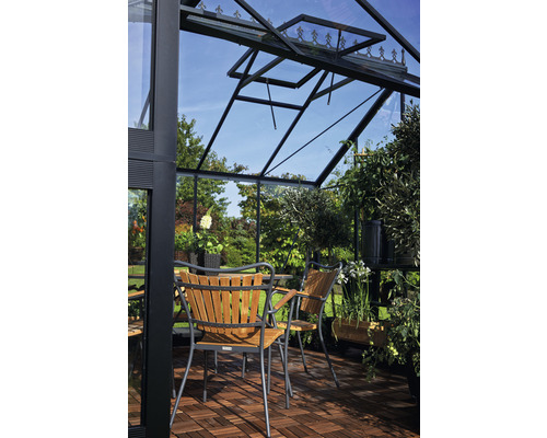 Gewächshaus mit Stühlen und Pflanzen