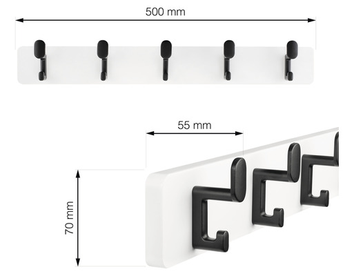 Garderobenleiste mit fünf Haken, Maße dargestellt
