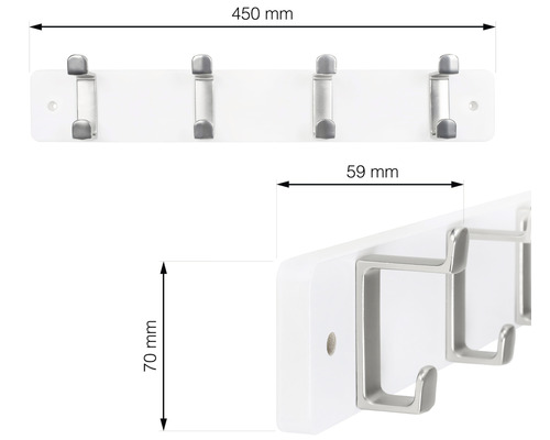 Garderobenleiste mit vier Haken und Maßangaben 450 mm x 70 mm x 59 mm