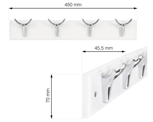 Garderobenleiste mit vier Haken und Maßangaben