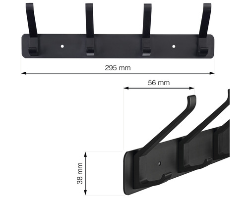 Schwarze Garderobenleiste mit den Maßen 295 mm x 56 mm x 38 mm