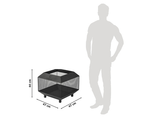 Vierkant Feuerkorb aus Metall mit den Maßen 47 mal 47 mal 44 Zentimeter