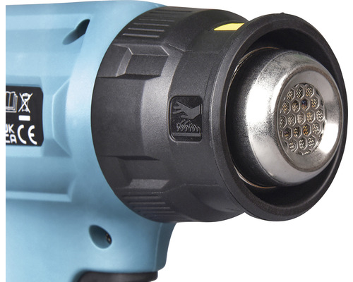 Detailansicht einer Heißluftpistole mit Warnhinweis vor Hitze