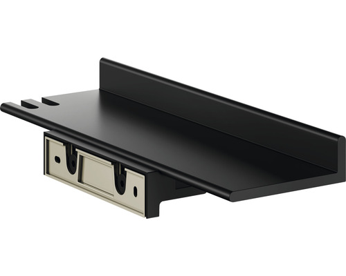 Schwarzes Wandregal mit Schubladenauszug