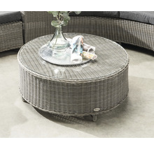 Runder Gartentisch mit Glasplatte und Rattanoptik