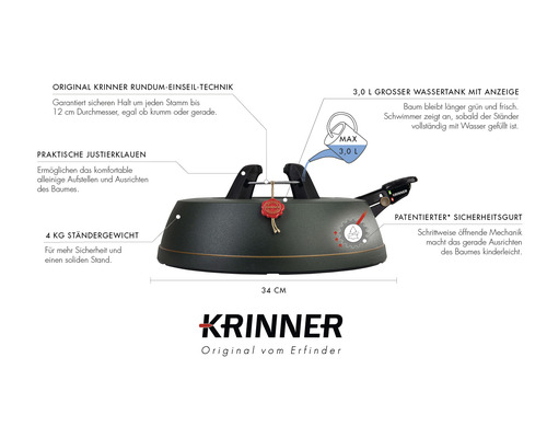 Krinner Christbaumständer mit 3,0 Liter Wassertank und Sicherheitsgurt für Bäume bis 12 cm Durchmesser