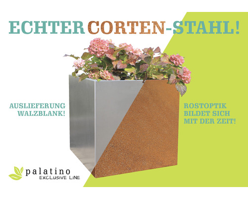 Blumenkübel aus Cortenstahl mit Pflanzen