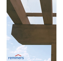Detailansicht einer Holzkonstruktion mit transparentem Wellplattendach und Remmers Logo