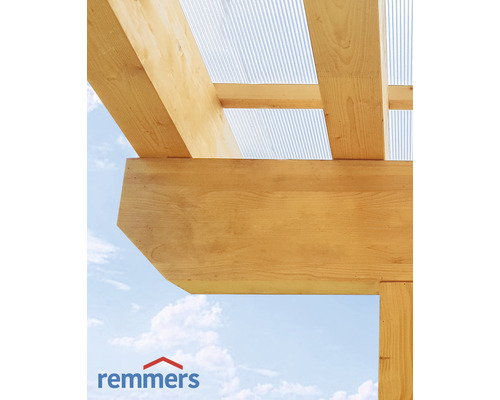 Holzkonstruktion mit durchsichtigem Dach und Remmers Logo