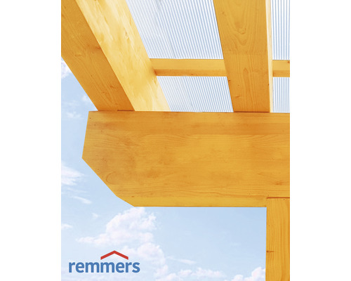 Holzkonstruktion mit Wellplatten und Remmers Logo