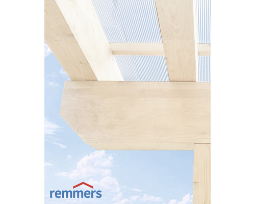 Holzkonstruktion mit Profilholz und Remmers Logo