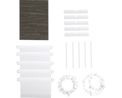 Komponenten für Jalousien, einschließlich Lamellen, Träger, Führungsstäbe und Zugschnüre