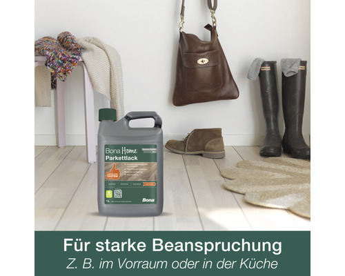 Bona Home Parkettlack Kanister auf einem Holzboden