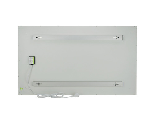 Rückseite eines rechteckigen Spiegels mit Montagehalterungen, Stromkabel und Netzteil