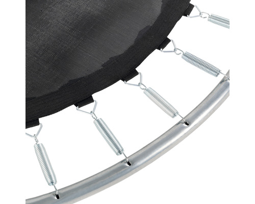 Detailansicht eines Trampolins mit Sprungtuch, Federn und Rahmen.
