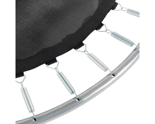 Detailansicht von Trampolinfederung, bestehend aus Sprungtuch, Federn und Rahmen.