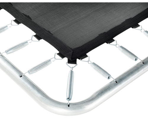 Detailansicht von Federn, Sprungtuch und Rahmen eines Gartentrampolins.