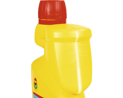 Detailansicht einer gelben Flasche mit Dosierkammer und rotem Deckel