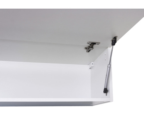 Detailansicht eines geöffneten Wandschranks mit Beschlägen und Gasdruckfeder