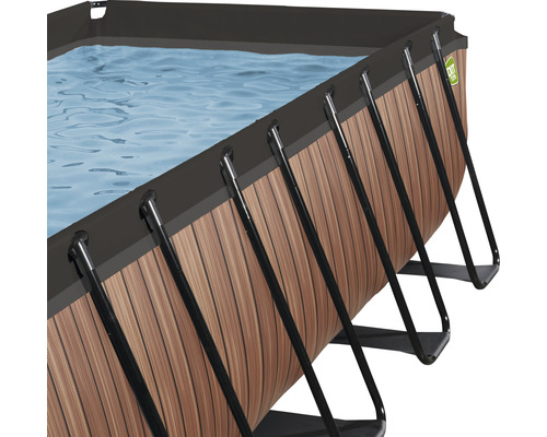 Detailansicht eines rechteckigen Aufstellpools mit Holzoptik und Stahlrahmen.
