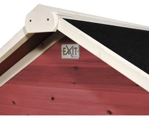 Detailansicht eines Spielhauses aus Holz mit EXIT Toys Logo.