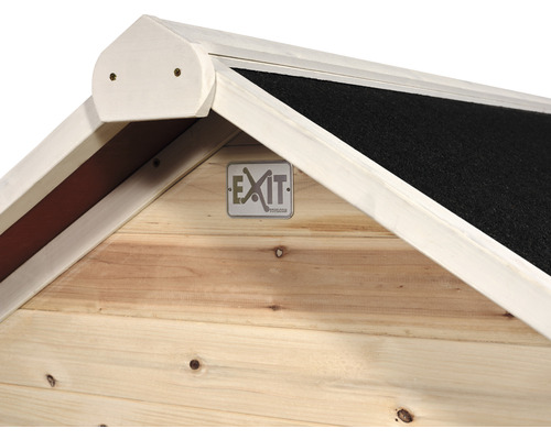 Detailansicht eines Holzhauses mit Bitumendach und EXIT Toys Logo