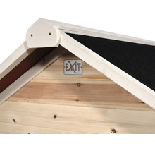 Detailansicht des Holzhauses mit dem Exit Logo.