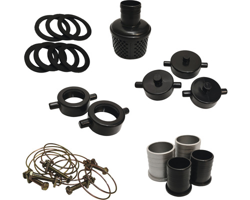 Diverse Zubehörteile für Teichpumpen, darunter Dichtungen, Filter und Schlauchschellen