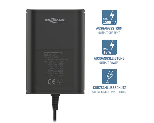 Ansmann Netzgerät APS 1500 mit maximal 1500 mA Ausgangsstrom, 18 W Ausgangsleistung und Kurzschlussschutz