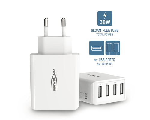 Ansmann Ladegerät mit vier USB-Anschlüssen und 30 Watt Leistung