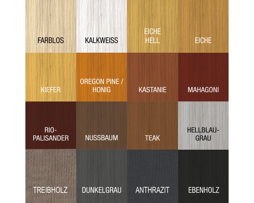 Farbmuster mit verschiedenen Holzfarben und Bezeichnungen wie farblos, kalkweiss, Eiche hell, Eiche, Kiefer, Oregon Pine Honig, Kastanie, Mahagoni, Rio Palisander, Nussbaum, Teak, Hellblau Grau, Treibholz, Dunkelgrau, Anthrazit, Ebenholz