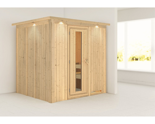 Energiespar-Elementsauna Karibu Lupin ohne Ofen mit Dachkranz und Holztüre und Isolierglas wärmegedämmt