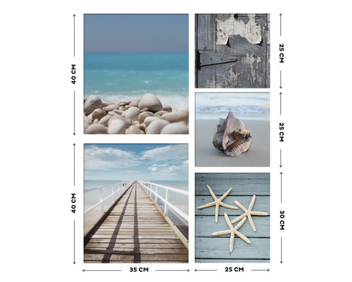 Dekoratives Wandbild mit Strandmotiven und Größenangaben