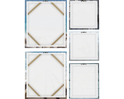 Rückansicht von fünf Leinwandbildern mit Holzrahmen