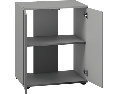 Grauer Unterschrank mit zwei Regalböden und einer offenen Tür