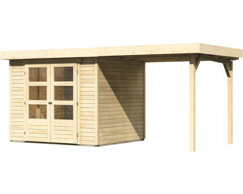 Holzgartenhaus mit Doppeltür und Anbau