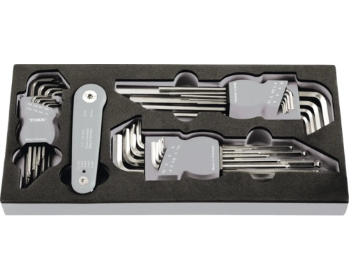 Sortiment an Innensechskant-, Innensechsrund- und Kugelkopfinbusschlüsseln im Koffer