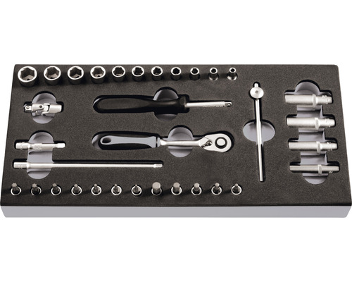 Steckschlüsselsatz mit Steckschlüsseln, Bits, Ratsche und Zubehör in einer Schaumstoffeinlage