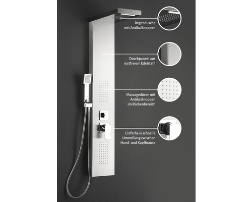 Duschpaneel aus Edelstahl mit Kopf- und Handbrause sowie Massagedüsen
