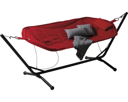 Hängematte mit Stahlgestell, gesteppter Liegefläche und Kissen