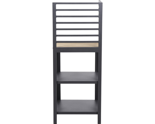 Grauer Outdoor Küchenschrank mit Regalen und Holzplatte