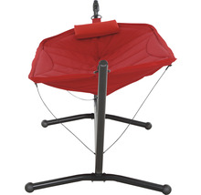 Roter Hängesessel mit schwarzem Gestell und Nackenkissen