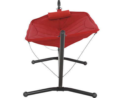 Roter Hängesessel mit schwarzem Gestell und Nackenkissen