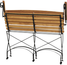 Zusammengeklappte Gartenbank aus Holz mit Metallgestell