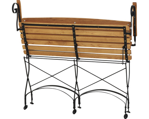 Zusammengeklappte Gartenbank aus Holz mit Metallgestell