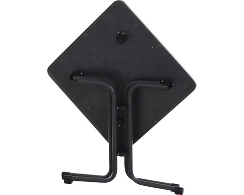 Unteransicht eines quadratischen Klapptisches mit Metallbeinen