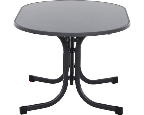 Grauer Gartentisch mit Stahlgestell und Kunststofftischplatte