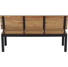 Rückansicht einer Holzbank mit Metallgestell für den Außenbereich